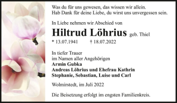 Traueranzeige von Hiltrud Löhrius (geb. Thiel)  von Magdeburger Volksstimme