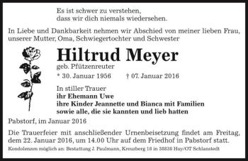 Traueranzeige von Hiltrud Meyer (geb. Pfützenreuter)  von Magdeburger Volksstimme