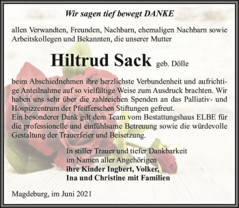 Traueranzeige von Hiltrud Sack (geb. Dölle)  von Magdeburger Volksstimme