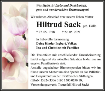 Traueranzeige von Hiltrud Sack (geb. Dölle)  von Magdeburger Volksstimme