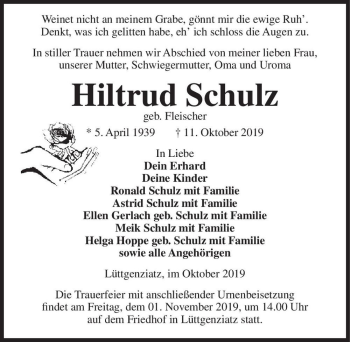 Traueranzeige von Hiltrud Schulz (geb. Fleischer)  von Magdeburger Volksstimme