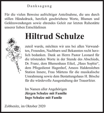 Traueranzeige von Hiltrud Schulze  von Magdeburger Volksstimme