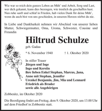Traueranzeige von Hiltrud Schulze (geb. Gadau)  von Magdeburger Volksstimme