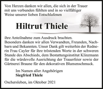 Traueranzeige von Hiltrut Thiele  von Magdeburger Volksstimme