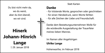 Traueranzeige von Hinerk Johann-Hinrich Lange  von Magdeburger Volksstimme