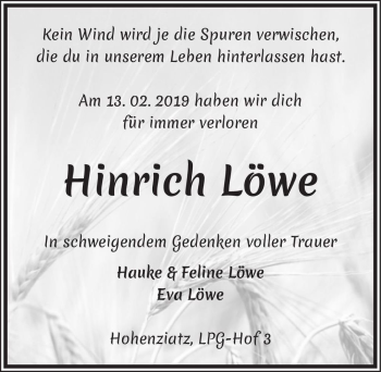 Traueranzeige von Hinrich Löwe  von Magdeburger Volksstimme