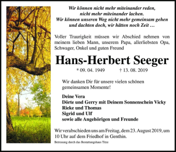 Traueranzeige von Hnas-Herbert Seeger  von Magdeburger Volksstimme