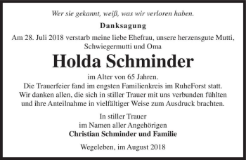 Traueranzeige von Holda Schminder  von Magdeburger Volksstimme