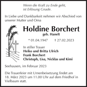 Traueranzeige von Holdine Borchert (geb. Hanelt)  von Magdeburger Volksstimme
