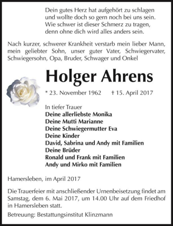Traueranzeige von Holger Ahrens  von Magdeburger Volksstimme