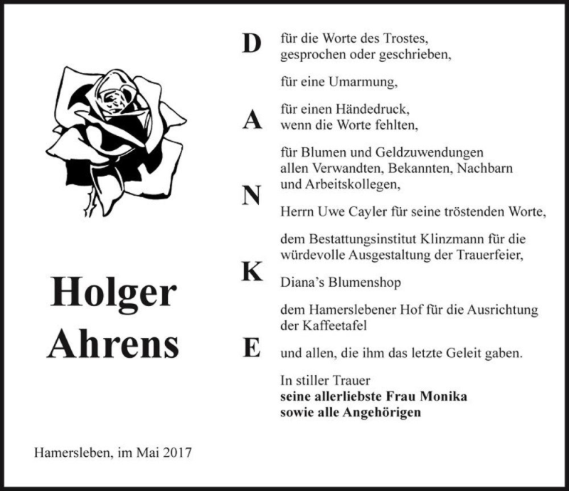  Traueranzeige für Holger Ahrens  vom 13.05.2017 aus Magdeburger Volksstimme