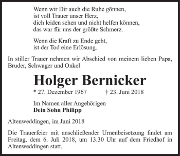 Traueranzeige von Holger Bernicker  von Magdeburger Volksstimme