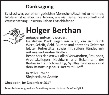 Traueranzeige von Holger Berthan  von Magdeburger Volksstimme