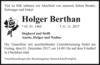 Traueranzeige von Holger Berthan  von Magdeburger Volksstimme
