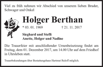 Traueranzeige von Holger Berthan  von Magdeburger Volksstimme