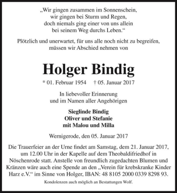 Traueranzeige von Holger Bindig  von Magdeburger Volksstimme
