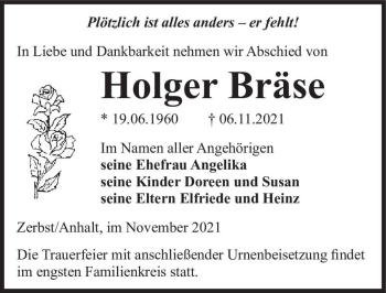 Traueranzeige von Holger Bräse  von Magdeburger Volksstimme