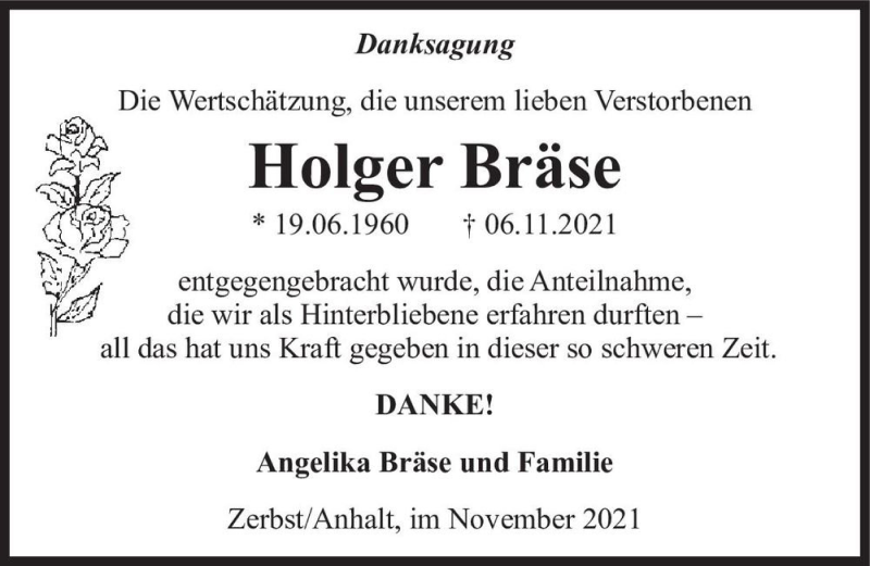  Traueranzeige für Holger Bräse  vom 17.12.2021 aus Magdeburger Volksstimme