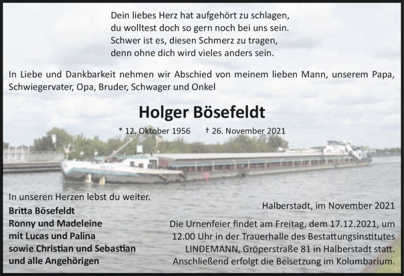  Traueranzeige für Holger Bösefeldt  vom 04.12.2021 aus Magdeburger Volksstimme