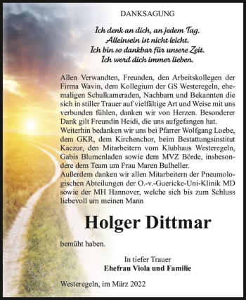 Traueranzeige von Holger Dittmar  von Magdeburger Volksstimme