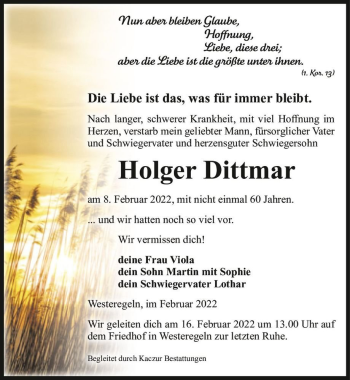 Traueranzeige von Holger Dittmar  von Magdeburger Volksstimme