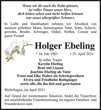 Traueranzeige von Holger Ebeling  von Magdeburger Volksstimme