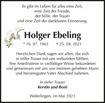 Traueranzeige von Holger Ebeling  von Magdeburger Volksstimme