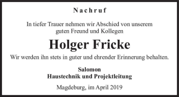 Traueranzeige von Holger Fricke  von Magdeburger Volksstimme