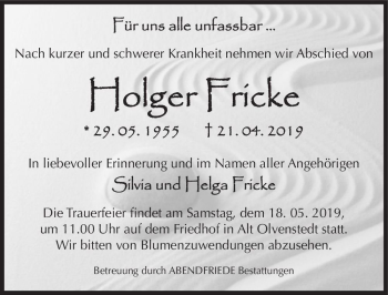 Traueranzeige von Holger Fricke  von Magdeburger Volksstimme