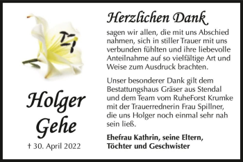 Traueranzeige von Holger Gehe  von Magdeburger Volksstimme