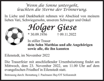 Traueranzeige von Holger Giese  von Magdeburger Volksstimme