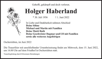 Traueranzeige von Holger Haberland  von Magdeburger Volksstimme