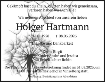Traueranzeige von Holger Hartmann  von Magdeburger Volksstimme