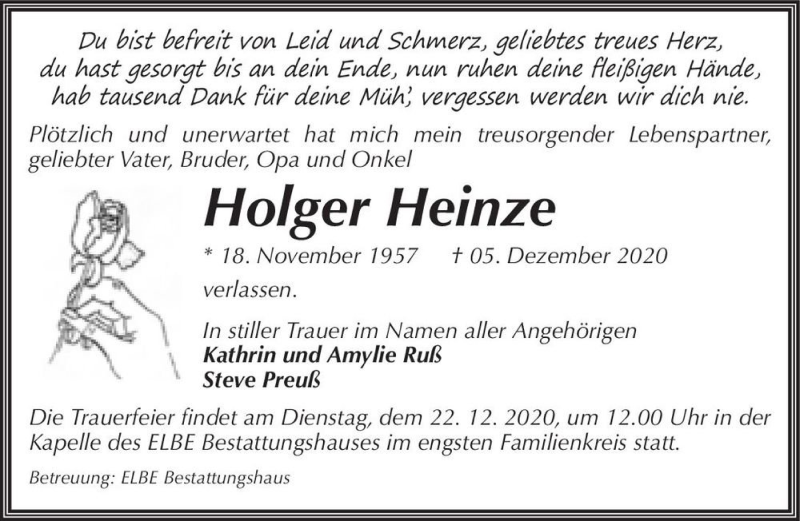  Traueranzeige für Holger Heinze  vom 12.12.2020 aus Magdeburger Volksstimme