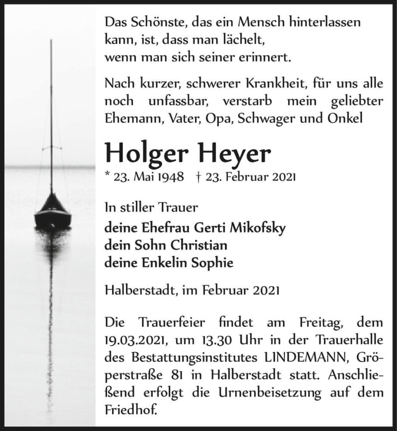  Traueranzeige für Holger Heyer  vom 13.03.2021 aus Magdeburger Volksstimme