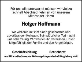 Traueranzeige von Holger Hoffmann  von Magdeburger Volksstimme