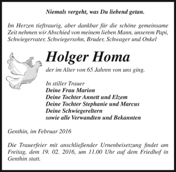Traueranzeige von Holger Homa  von Magdeburger Volksstimme