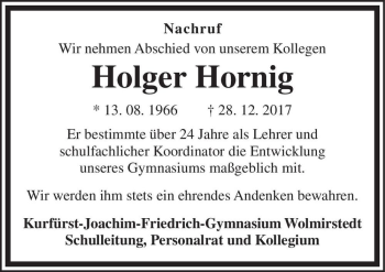 Traueranzeige von Holger Hornig  von Magdeburger Volksstimme