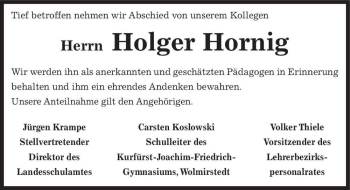 Traueranzeige von Holger Hornig  von Magdeburger Volksstimme