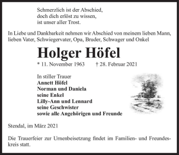 Traueranzeige von Holger Höfel  von Magdeburger Volksstimme