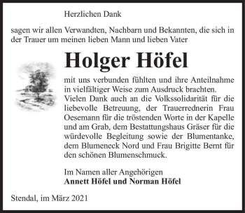 Traueranzeige von Holger Höfel  von Magdeburger Volksstimme