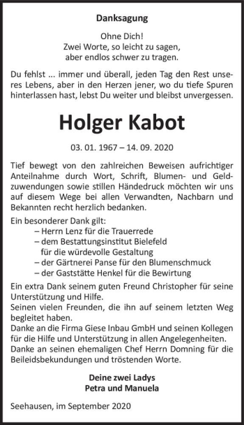 Traueranzeige von Holger Kabot  von Magdeburger Volksstimme