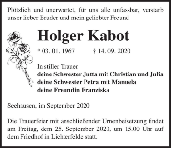 Traueranzeige von Holger Kabot  von Magdeburger Volksstimme
