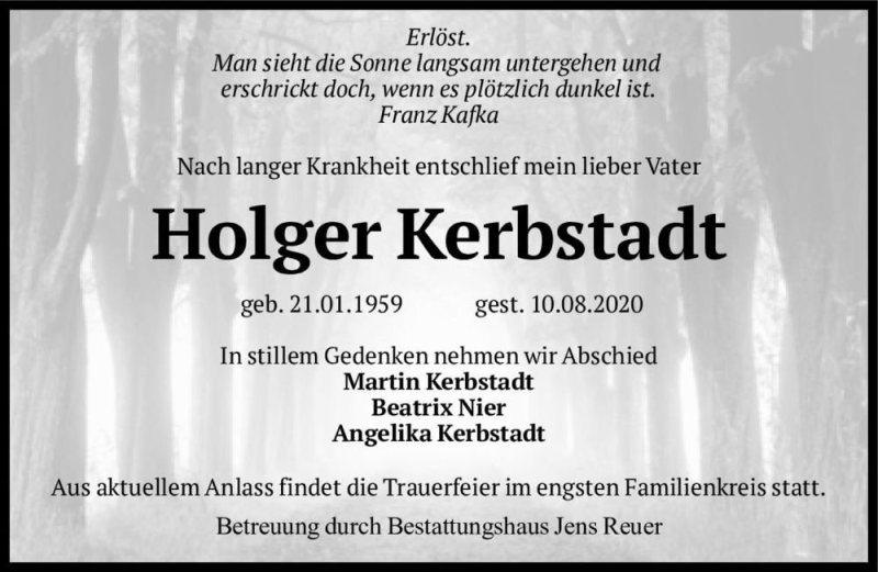  Traueranzeige für Holger Kerbstadt  vom 29.08.2020 aus Magdeburger Volksstimme