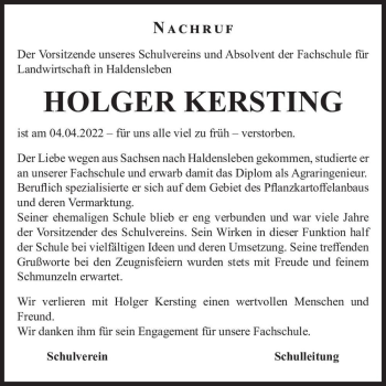 Traueranzeige von Holger Kersting  von Magdeburger Volksstimme