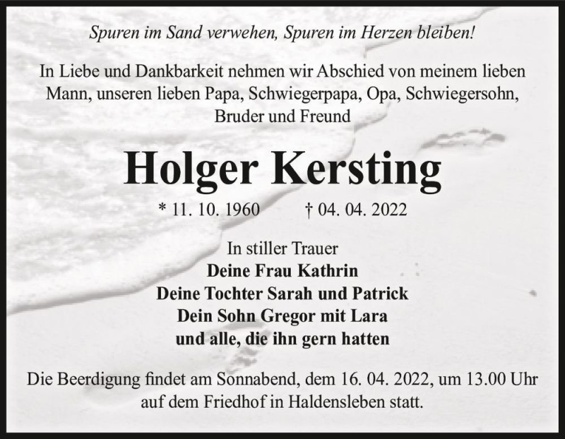  Traueranzeige für Holger Kersting  vom 09.04.2022 aus Magdeburger Volksstimme