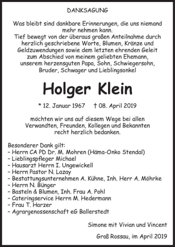 Traueranzeige von Holger Klein  von Magdeburger Volksstimme
