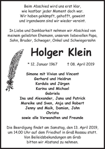 Traueranzeige von Holger Klein  von Magdeburger Volksstimme
