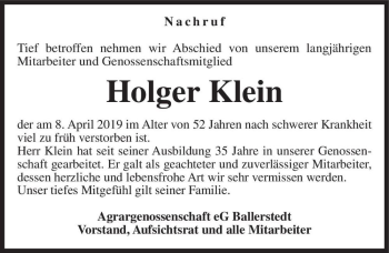Traueranzeige von Holger Klein  von Magdeburger Volksstimme