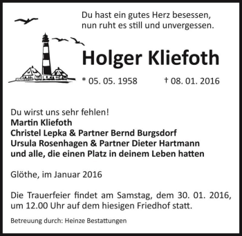 Traueranzeige von Holger Kliefoth  von Magdeburger Volksstimme